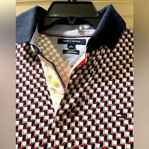 Super-soft print Tommy Hilfiger polo. Geometric red/white/blue. Dress up or down